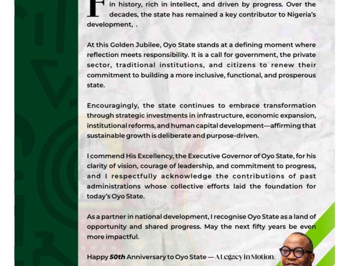 Adron Homes Chairman Congratulates Oyo State on 50 Years of Progress