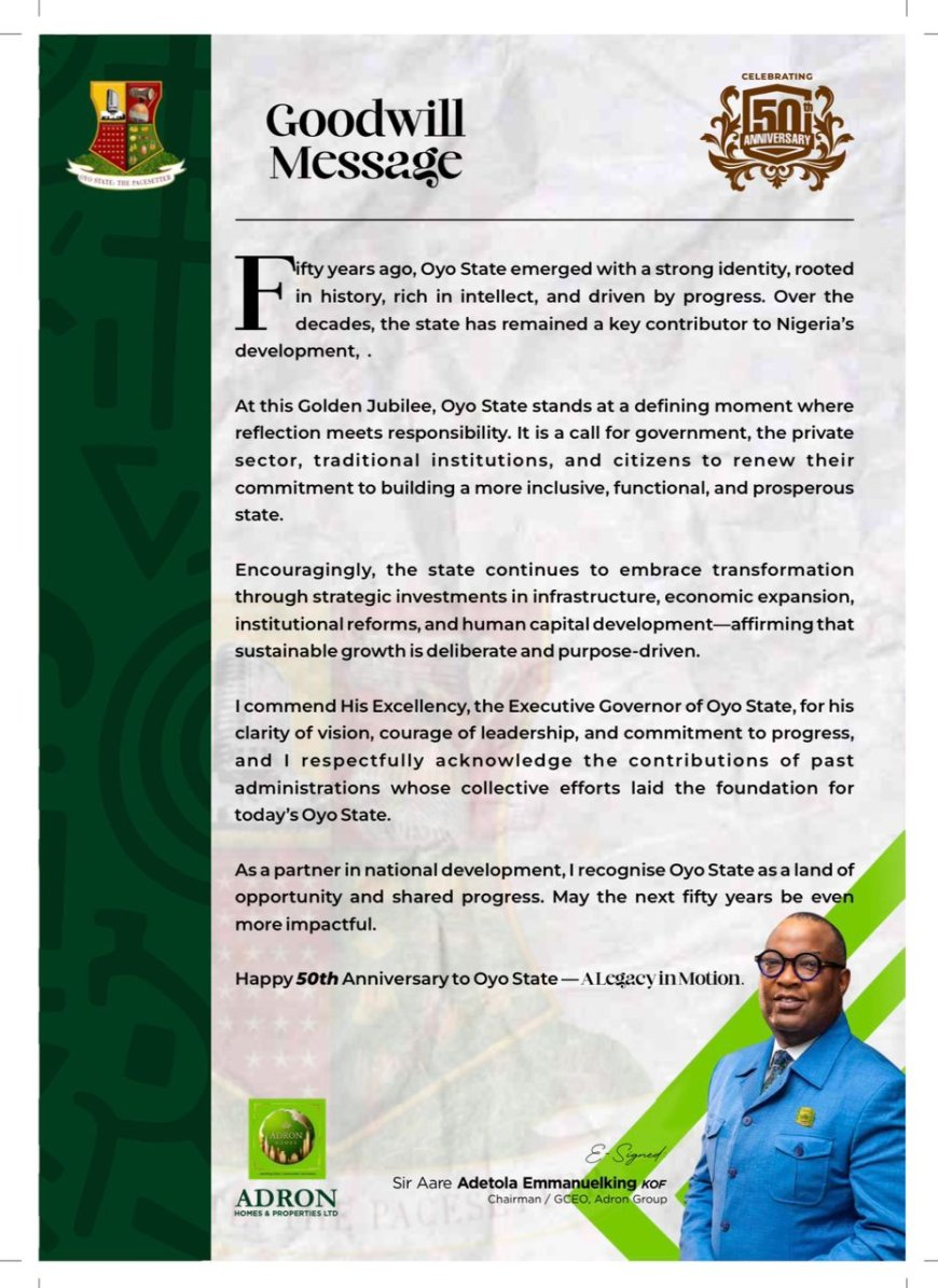 Adron Homes Chairman Congratulates Oyo State on 50 Years of Progress