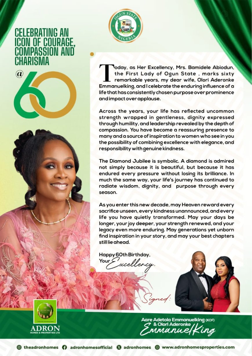 Adron Group Chairman Pays Glowing Tribute to Ogun First Lady at 60